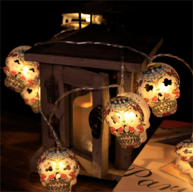 Halloween Battery Remote Control USB LED String Lights (Option: New flower skull-1.5meters 10lights warm whit)